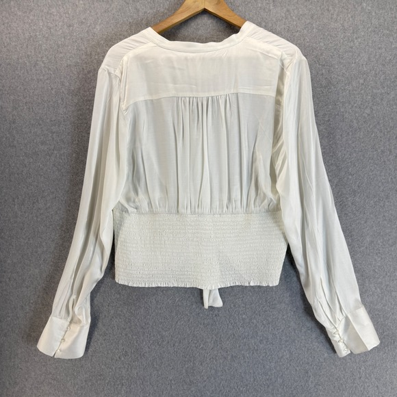 Anthropologie Blouse Long Sleeve V Neck Ruched Tie Front Ivory Womens Size XL - Picture 6 of 14